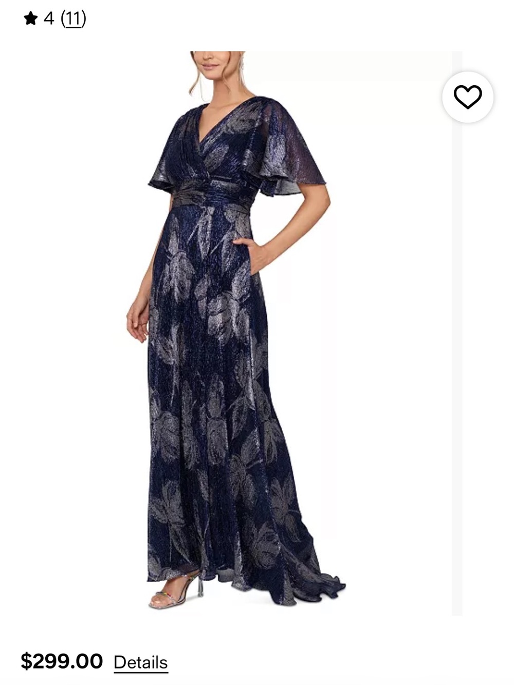 Betsy & Adam Navy Metallic Leaf-Print Maxi Gown
